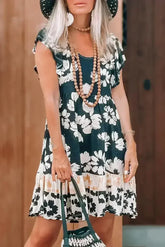 Dark Green Floral Print Ruffle Sleeve Empire Waist Mini Dress - Femstylo