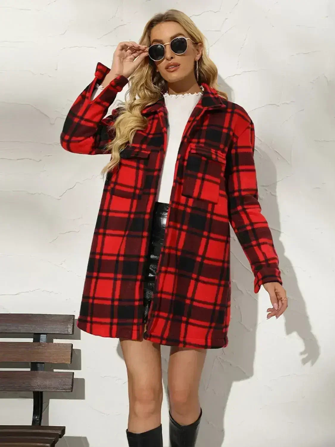 Plaid Collared Longline Coat - Femstylo