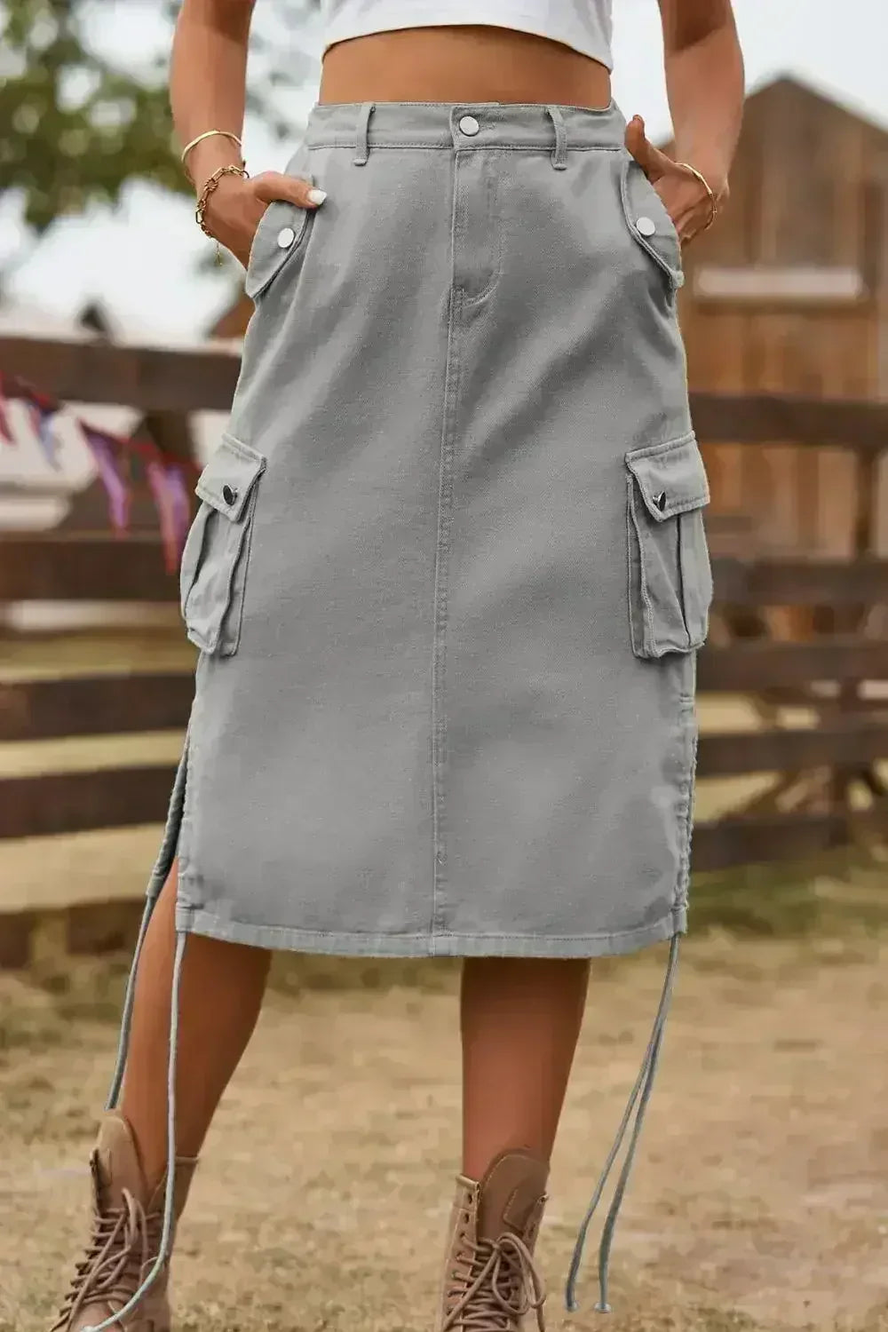 Drawstring Denim Cargo Skirt - Femstylo