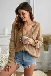 Womens Khaki Zipper V-neck Dropped Sleeve Hooded Sweater - Femstylo