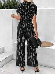 Tied Printed Mock Neck Wide Leg Jumpsuit - Femstylo