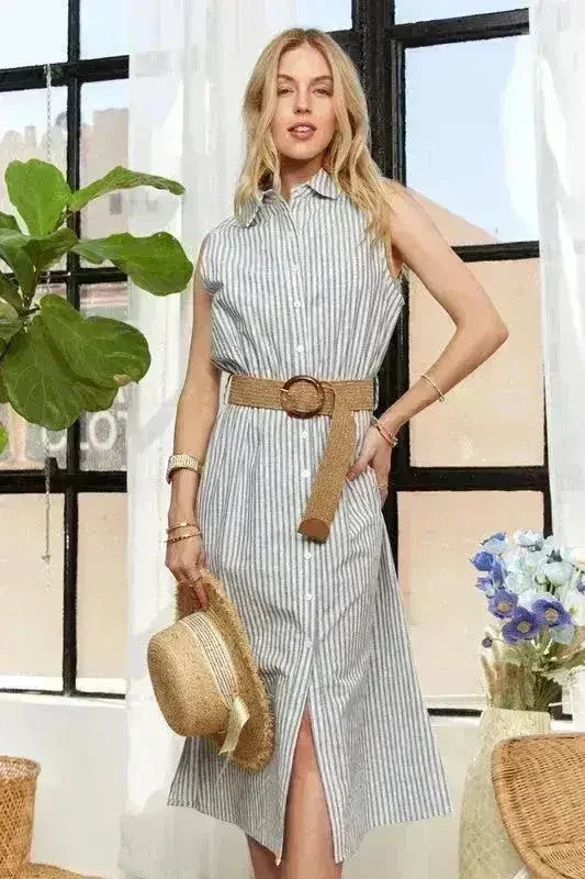 ADORA Striped Button Down Dress – Cotton Midi Sleeveless - Femstylo