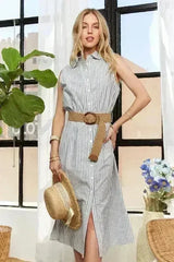 ADORA Striped Button Down Dress – Cotton Midi Sleeveless - Femstylo