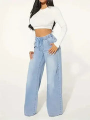 25 Edition – High Waist Drawstring Wide Leg Jeans – Light Blue - Femstylo