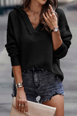 Black Split V Neck Pullover Knit Hooded Sweater