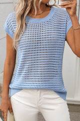 Sky Blue Hollow Out Short Sleeve Knit Top