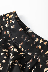 Black Leopard Print Puff Sleeve Mock Neck Pleated Blouse