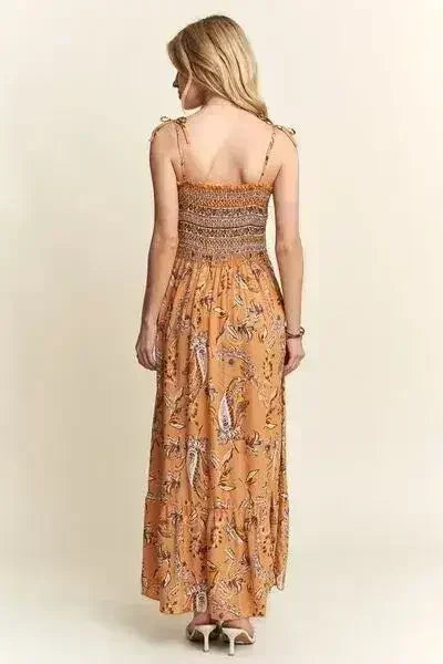 ADORA Smocked Printed Square Neck Tie Shoulder Cami Dress - Femstylo