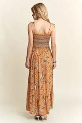 ADORA Smocked Printed Square Neck Tie Shoulder Cami Dress - Femstylo