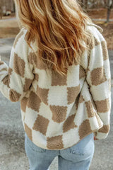 Brown Checked Snap Button Sherpa Jacket - Femstylo