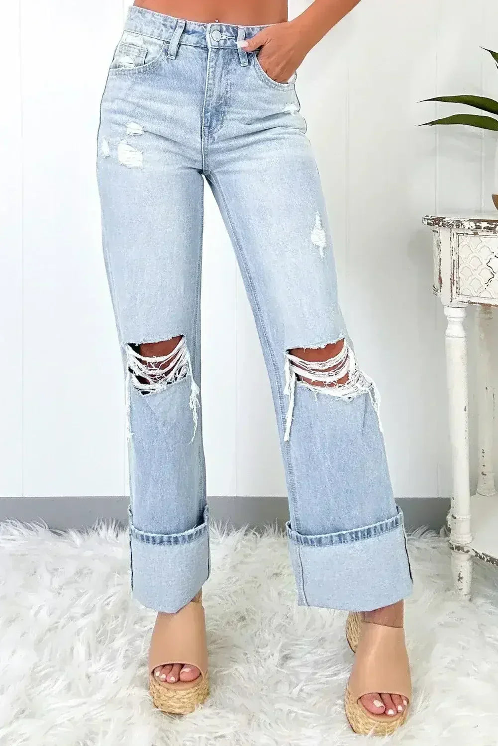 Beau Blue Light Wash Distressed Flare Jeans - Femstylo