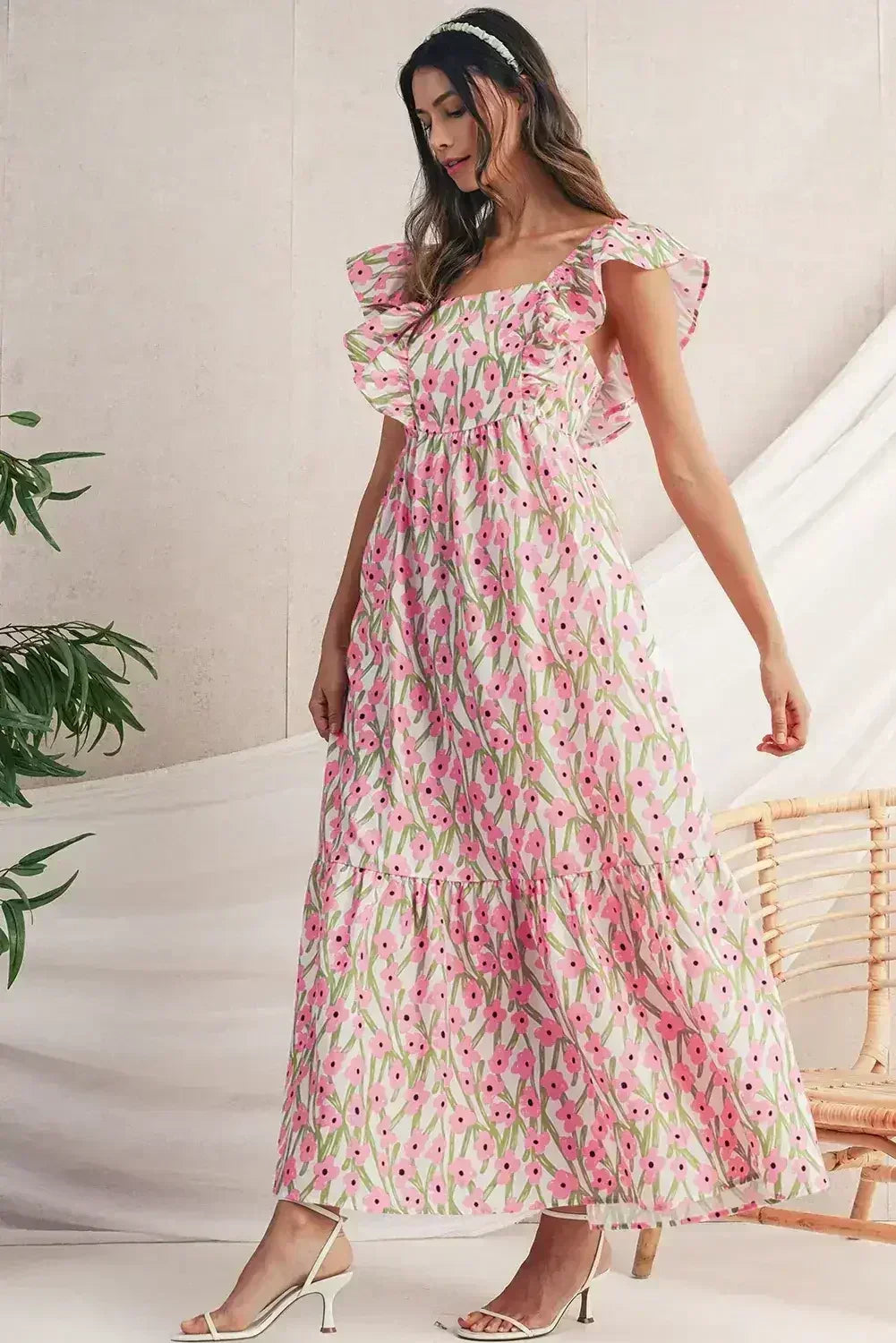 Pink Floral Print Square Neck Ruffled Strap Maxi Dress - Femstylo