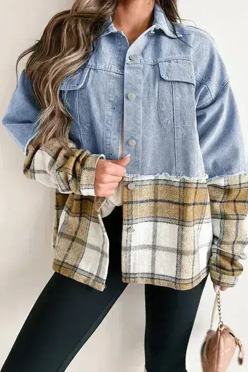 Khaki Plaid Patchwork Buttoned Oversized Denim Jacket - Femstylo