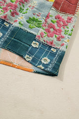 Sky Blue Floral Checkered Pattern Bubble Sleeve Ruffle Hem Dress