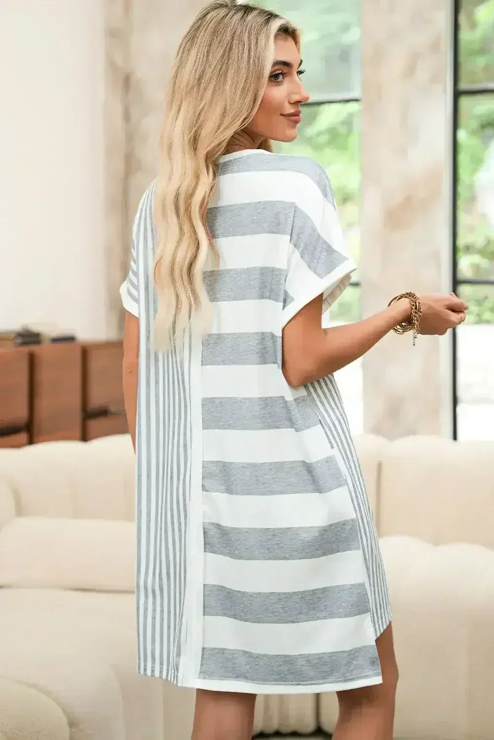 Gray Stripe Mixed Printed Short Sleeve Shift Mini T Shirt Dress - Femstylo