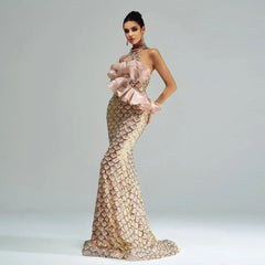 “Champagne Glam” Halter Mermaid Dress – Luxury for Elite Occasions - Femstylo