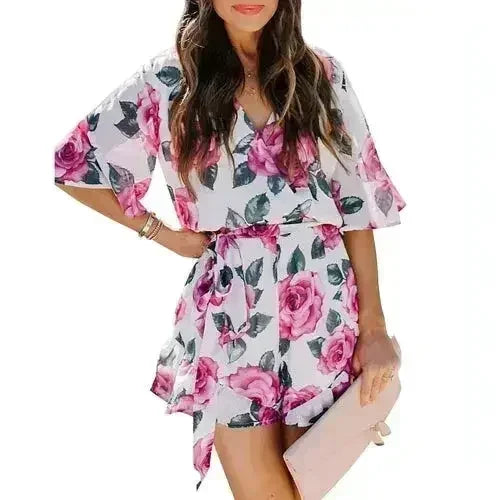 Printed Flared Short-Sleeved Lace-Up Jumpsuit Skirt - Femstylo