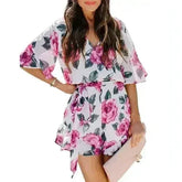 Printed Flared Short-Sleeved Lace-Up Jumpsuit Skirt - Femstylo