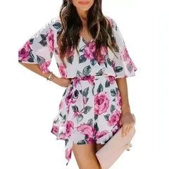 Printed Flared Short-Sleeved Lace-Up Jumpsuit Skirt - Femstylo