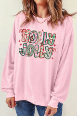 Pink HOLLY JOLLY Graphic Heat Transfer Printing Christmas Sweatshirt