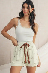 White Bow Pattern Lace Tie Elastic Waist Shorts - Femstylo