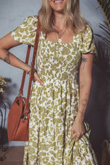 Yellow Boho Floral Print Square Neck Puff Sleeve Tiered Maxi Dress - Femstylo