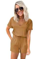 Casual Brown Short Sleeve Pocketed Knit Romper - Femstylo