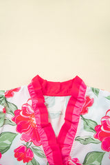 Rose Floral Print Ruffle Puff Sleeve Pop of Color Neckline Blouse