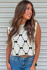 White Bow Pattern Buttoned Side Cropped Sweater Vest - Femstylo