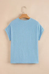 Pink Corded Colorblock Pocket Crew Neck T Shirt - Femstylo