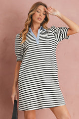 Black Stripe Collared Puff Sleeve Pocketed Mini Dress