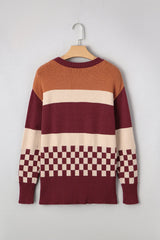 Brown Checkered Colorblock Knitted Drop Shoulder Sweater
