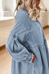 Beau Blue Smocked Cuffs Flared Denim Shirt Mini Dress