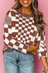 Brown Checkered Print Drop Shoulder Round Neck Sweater - Femstylo
