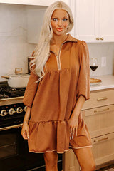 Desert Gold Quarter Zip Collar Bracelet Sleeve Textured Mini Dress