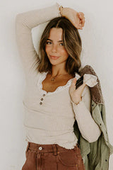 Beige Lace Neckline Button Decor Lettuce Edge Long Sleeve Ribbed Top