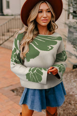 Green Flower Pattern Drop Sleeve Baggy Sweater
