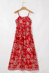 Red Floral Print Spaghetti Strap Empire Waist Maxi Dress - Femstylo