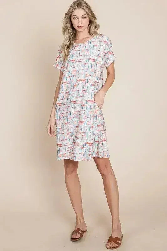 BOMBOM Printed Tee Dress - Casual Short Sleeve | Femstylo - Femstylo