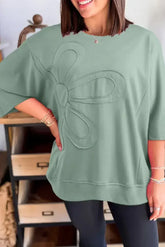 Clearly Aqua Solid Color Floral Patched Half Sleeve Tunic Top - Femstylo