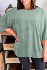 Clearly Aqua Solid Color Floral Patched Half Sleeve Tunic Top - Femstylo