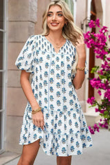Sky Blue Floral Print Puff Sleeve Tiered Mini Dress - Femstylo