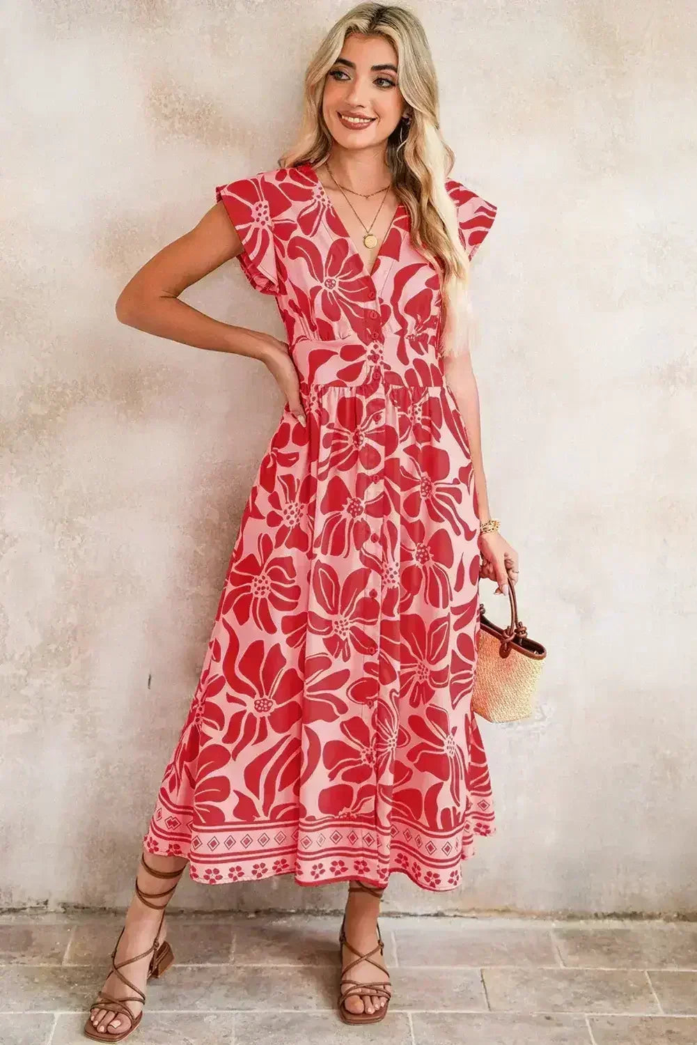 Red Boho Floral V-Neck Ruffle Shoulder Maxi Dress - Femstylo