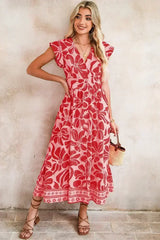Red Boho Floral V-Neck Ruffle Shoulder Maxi Dress - Femstylo