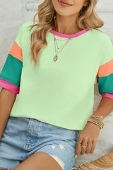 Light Blue Color Block Sleeve Round Neck Oversize Top - Femstylo