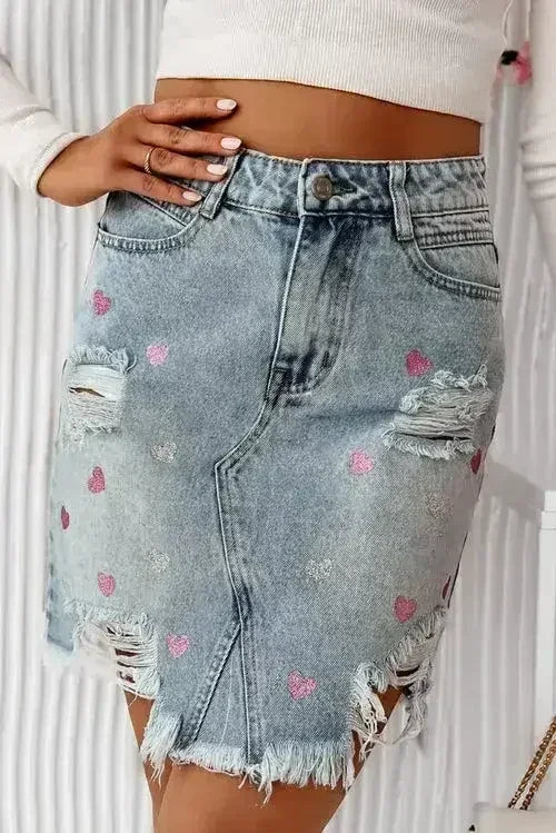 Beau Blue Shimmer Heart Pattern Distressed Denim Mini Skirt - Femstylo
