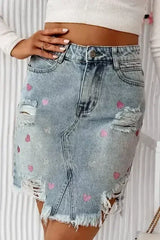 Beau Blue Shimmer Heart Pattern Distressed Denim Mini Skirt - Femstylo