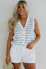 Sky Blue Striped V Neck Button Knit Vest