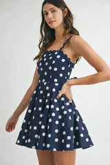 MABLE Polka Dot Mini Dress with Ricrac Trim Strap - Femstylo