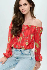 Off-Shoulder Chain Print Crop Top - Red & Black Chiffon Blouse - Femstylo